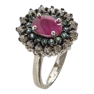 Sterling Silver Ring With Ruby and Glass Aquamarine Diamond Stones Size 5