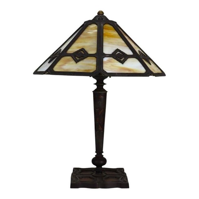 Bradley Hubbard Antique Bradley & Hubbard Arts & Crafts 8-Panel Slag Glass Table Lamp C1920 For Sale - Image 4 of 12
