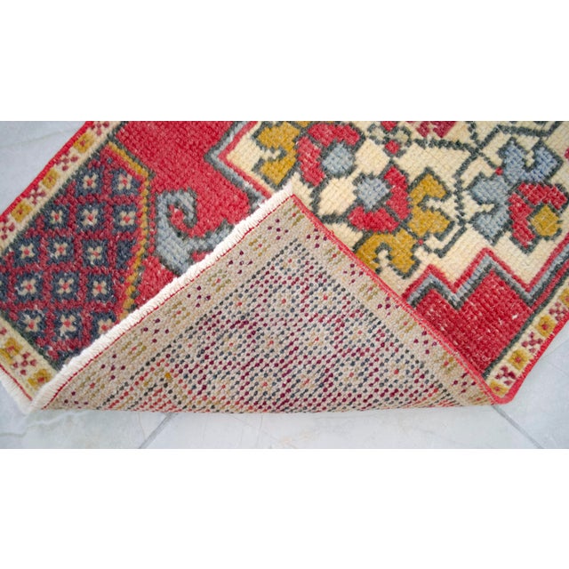Vintage Small Turkish Rug Hand-Knotted Mat Enty Decor, Kitchen Accent, Laundry Room Art 19" X 36" For Sale - Image 9 of 10