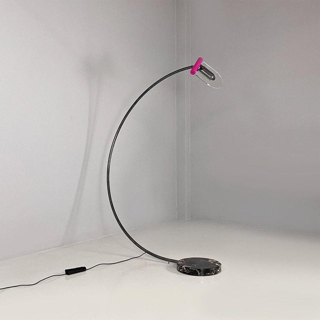 Metal Italian Space Age Metal, Acrylic Glass and Marble Black Violet Arc Floor Lamp, 1980s For Sale - Image 7 of 18