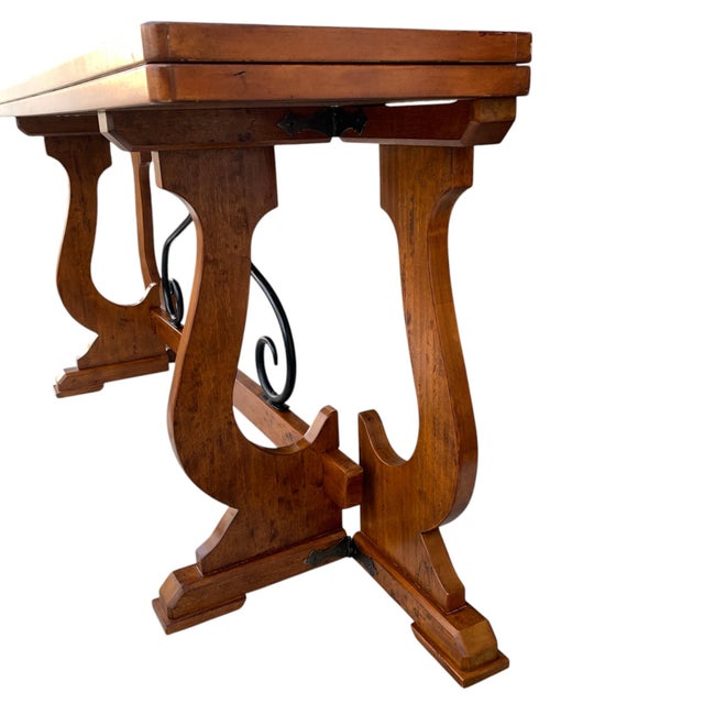 Wood Unique "Fratino" Console Table With Fold-Over Top, Iron Supports, and Lyre-Shaped Hinged Legs For Sale - Image 7 of 12