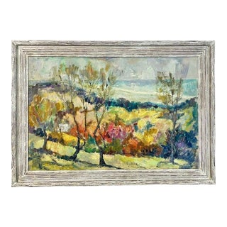 Vintage Impressionist Landscape Painting on Board With Trees, Framed, Mid-Century For Sale