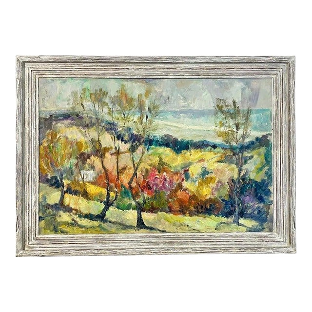 Vintage Impressionist Landscape Painting on Board With Trees, Framed, Mid-Century For Sale
