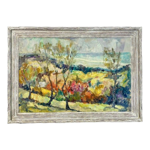 Vintage Impressionist Landscape Painting on Board With Trees, Framed, Mid-Century