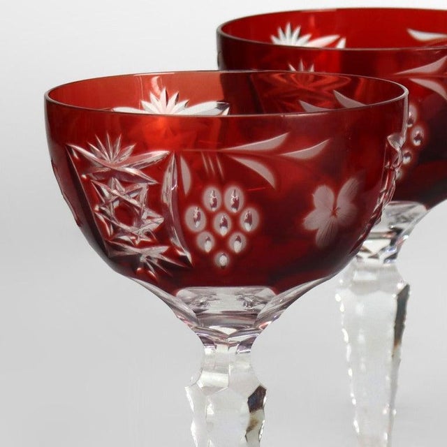 Traditional Antique Bohemian Cranberry Floral & Grape Cut to Clear Crystal Stemmed Goblets - Set of 4 For Sale - Image 3 of 4
