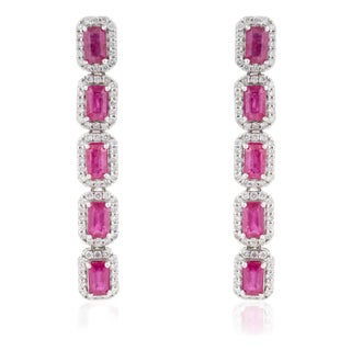 VRJewels 3.82ct Pinkish Red Ruby Diamond Dangle Earrings in 14k White Gold- A Pair For Sale