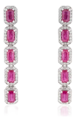 VRJewels 3.82ct Pinkish Red Ruby Diamond Dangle Earrings in 14k White Gold- A Pair
