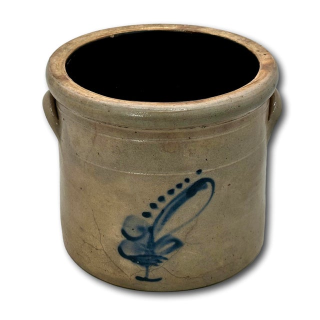 American Antique Small 1 Gallon Size American New England Blue Decorated Stoneware Storage Jar - Circa 1870s For Sale - Image 3 of 18