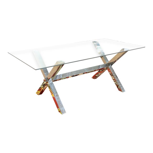 Contemporary Modern X Shaped Base Chrome and Glass Rectangular Dining Table For Sale