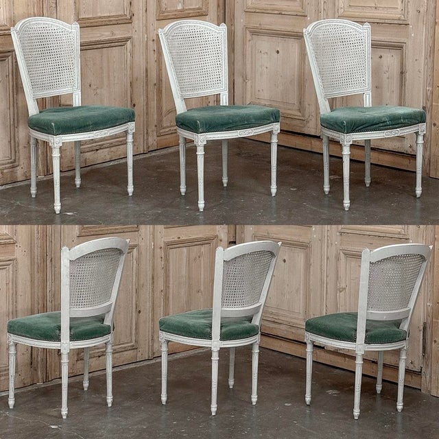 Light Gray Set of Six Neoclassical Painted Swedish Chairs With Caned Backs & Mohair Seats For Sale - Image 8 of 15