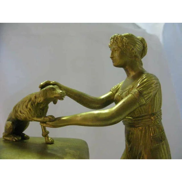 19th Century French Empire Japy Freres Lady and Dog Gilt Bronze Marble Clock With Garnitures Signed - 3 Pieces Fabulous For Sale - Image 4 of 7