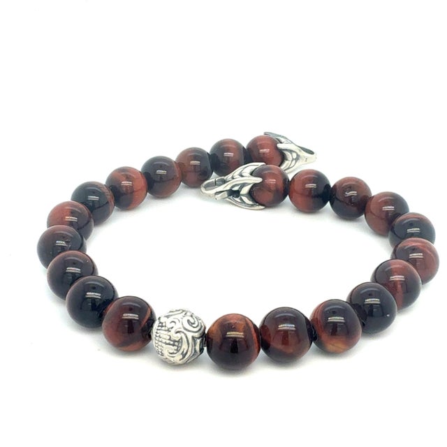1990s David Yurman Tiger Eye Carved Ball Bracelet 8" 8 mm Sterling Silver Estate For Sale In New York - Image 6 of 6