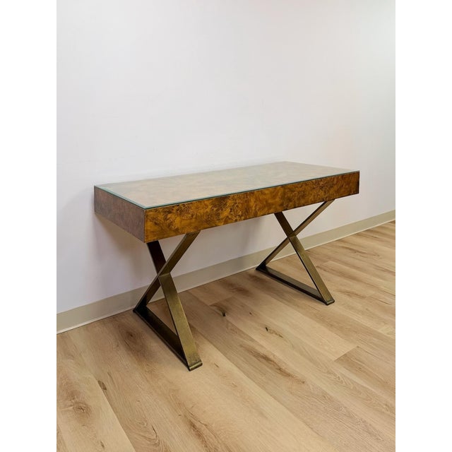 Mid-Century Modern Vintage John Stuart MCM Burlwood Executive Desk Bronze Legs Glass Top Collectable For Sale - Image 3 of 13