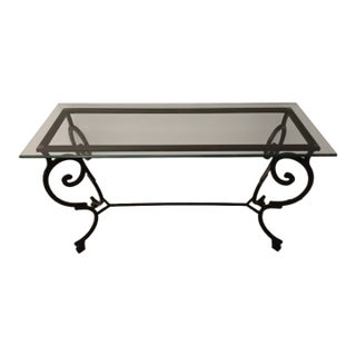 1970s Wrought Iron Black Entry Table Foyer Beveled Glass Top For Sale