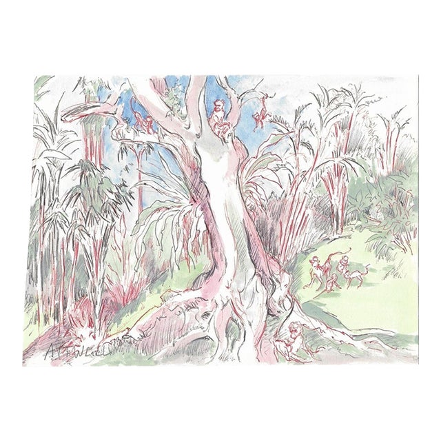 1950s Ivy Attwell Jungle With Monkeys Landscape For Sale