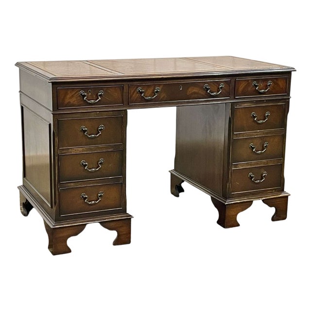 English Desk with Mahogany Pedestals and Leather Top, 1950s For Sale
