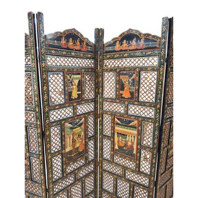 Early 20th Century Indian Polychrome Four Panel Folding Screen For Sale In San Francisco - Image 6 of 12