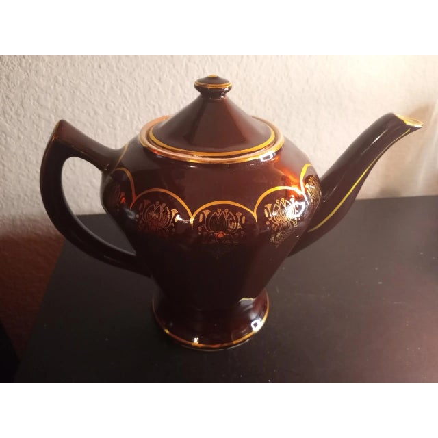 Contemporary Vintage Hall Usa Teapot Albany 0227 Burgundy With Gold Trim For Sale - Image 3 of 7