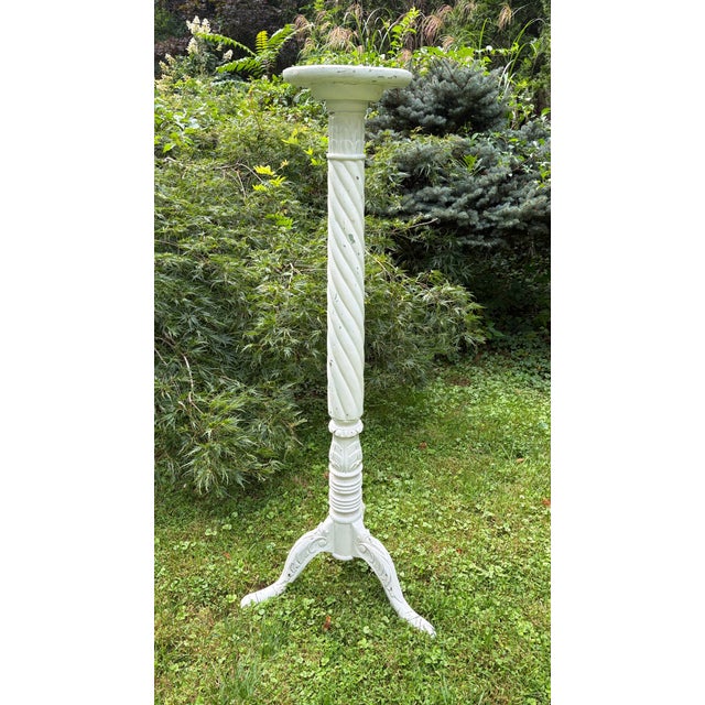 White Tall Distressed Wood Claw Foot Painted Pedestal Plant Stand For Sale - Image 8 of 18