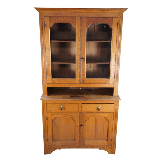Antique Oak Stepback Farmhouse Hutch Cupboard Pie Safe Kitchen Cabinet For Sale