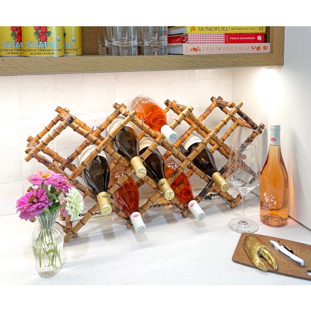 Mid-Century Modern Vintage Expandable Bamboo Wine Rack | Folding Adjustable Wine Bottle Storage | Boho Coastal Hollywood Regency For Sale - Image 3 of 9