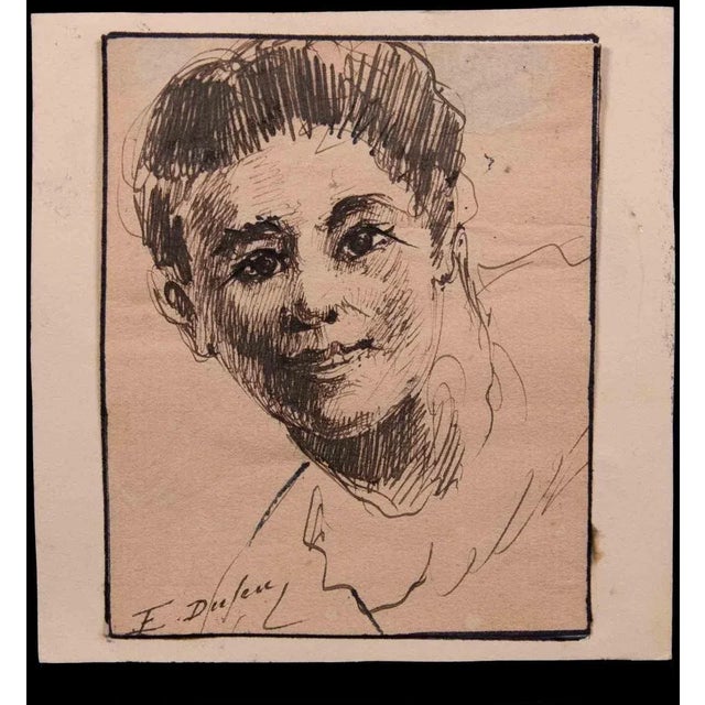 Portrait of Young Boy is an original drawing in pen on paper realized by Edouard Dufeu in the 1880s. Hand-signed on the...