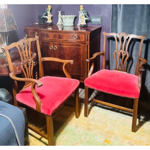 English Pair of Vintage English Chippendale Style Mahogany Library Armchairs in Crimson Velvet For Sale - Image 3 of 8