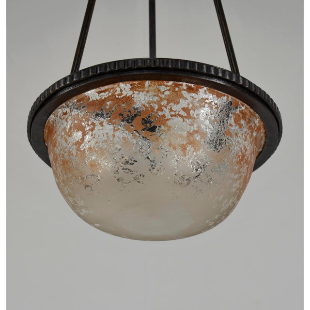 Daum French Art Deco Pendant Light 1920s - Wrought Iron & Hand-Chiseled Bowl For Sale - Image 9 of 14