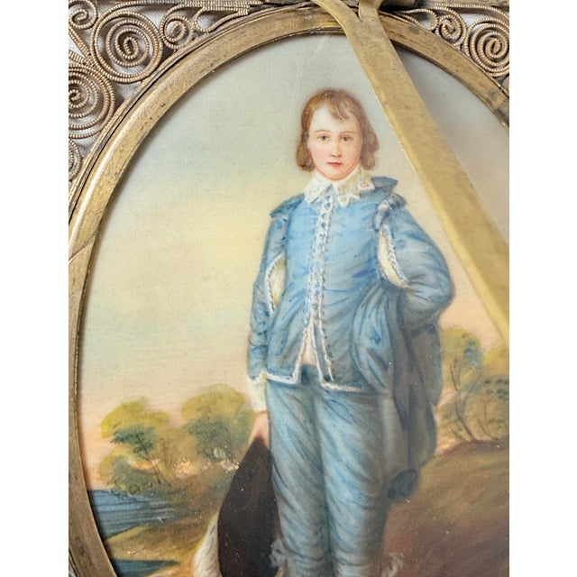 2 Sided Antique 1800's Miniature Mini Original Painting Portrait the Blue Boy For Sale - Image 12 of 14