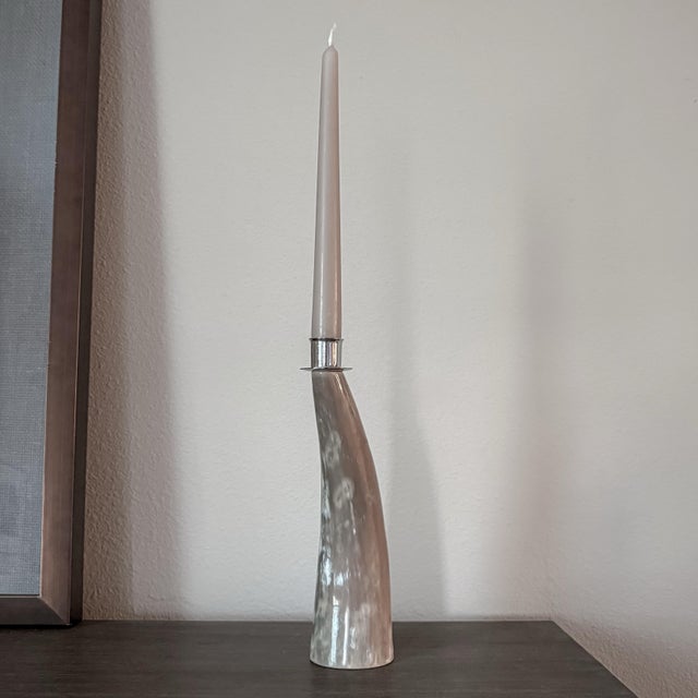 Mid-Century Modern Vintage Sculptural Horn & Silver Tone Taper Candle Holder For Sale - Image 3 of 3