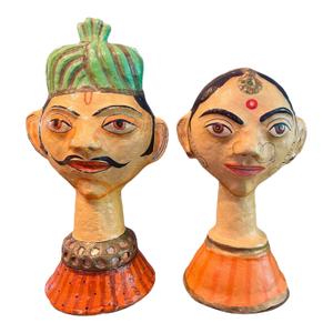 India Paper Mache Folk Art Bust Pair-Rajasthani Style Heads-Kasmiri-Sculpture