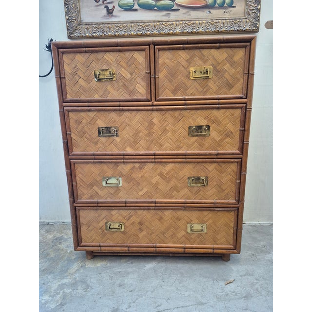 Vintage Itailian Grasscloth and Faux Bamboo Chest of Drawers For Sale In West Palm - Image 6 of 7