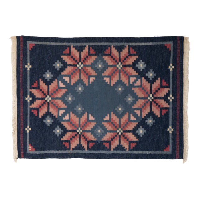 Mid-Century Swedish Kilim in Navy and Pink, 1960 For Sale