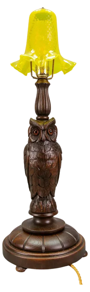 Art Deco Table Lamp with Owl Sculpture and Yellow Glass Lampshade, 1920s