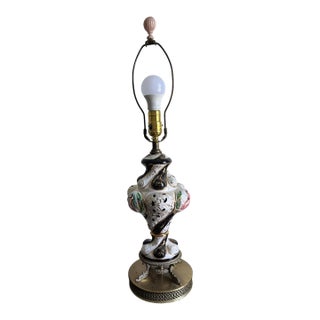 Vintage Capodimonte Porcelain Italy Black White Handpainted Fish Filigree Table Lamp For Sale