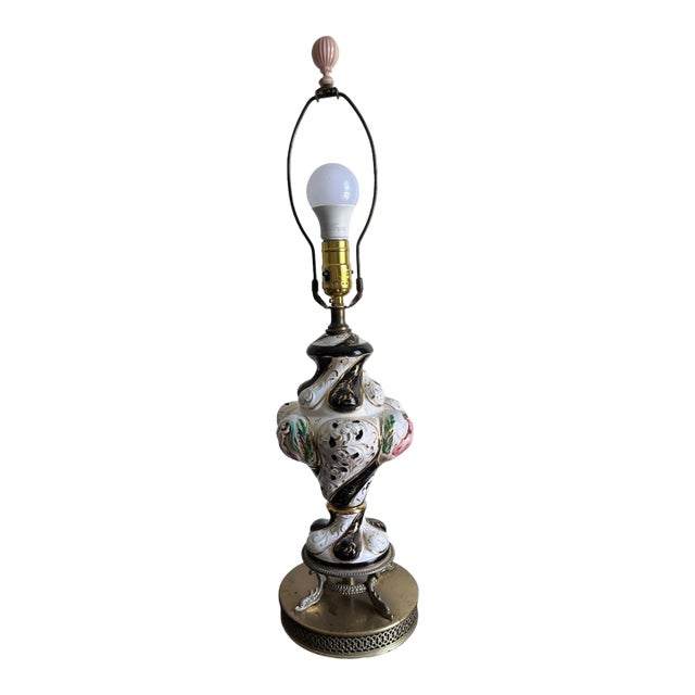 Vintage Capodimonte Porcelain Italy Black White Handpainted Fish Filigree Table Lamp For Sale