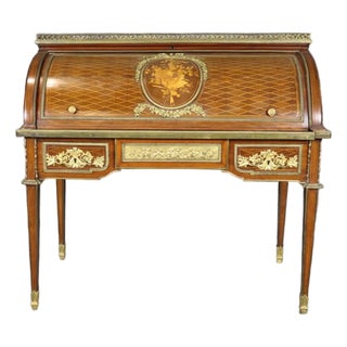 Louis XVI 19th C. Bronze Mounted Figural Marqetry Inlaid Roll Top Desk For Sale