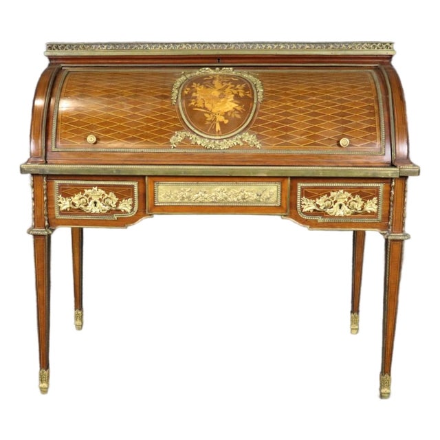 Louis XVI 19th C. Bronze Mounted Figural Marqetry Inlaid Roll Top Desk For Sale