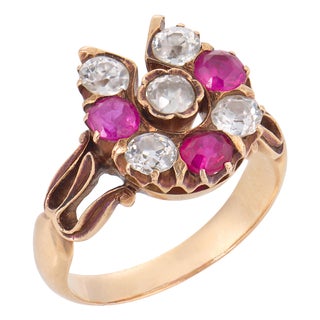 Early 20th Century Victorian Ruby Diamond 14k Rose Gold Horseshoe Ring, Size 4.75 For Sale