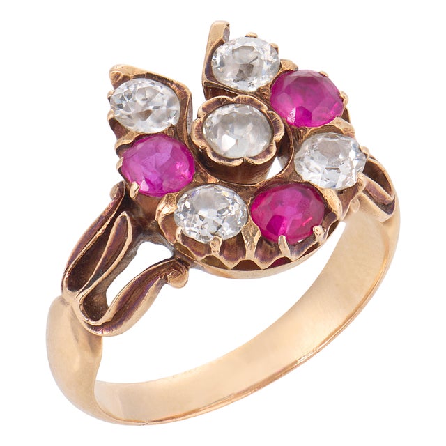 Early 20th Century Victorian Ruby Diamond 14k Rose Gold Horseshoe Ring, Size 4.75 For Sale