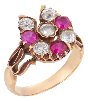 Early 20th Century Victorian Ruby Diamond 14k Rose Gold Horseshoe Ring, Size 4.75