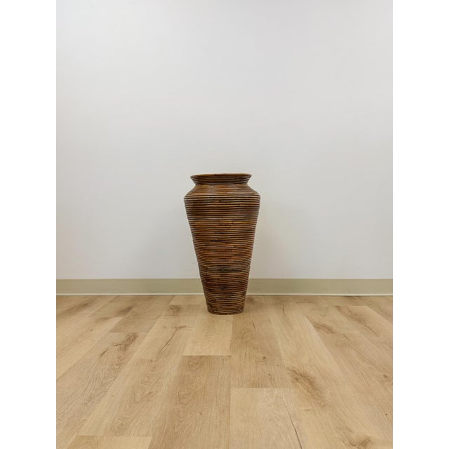 This gorgeous vintage pencil reed Gabriella Crespi style tall vase is a striking and highly decorative coastal and boho...