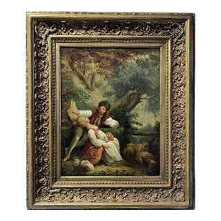 Antique Oil Painting Romantic Pastoral Scene 19th Century French Classical Art For Sale