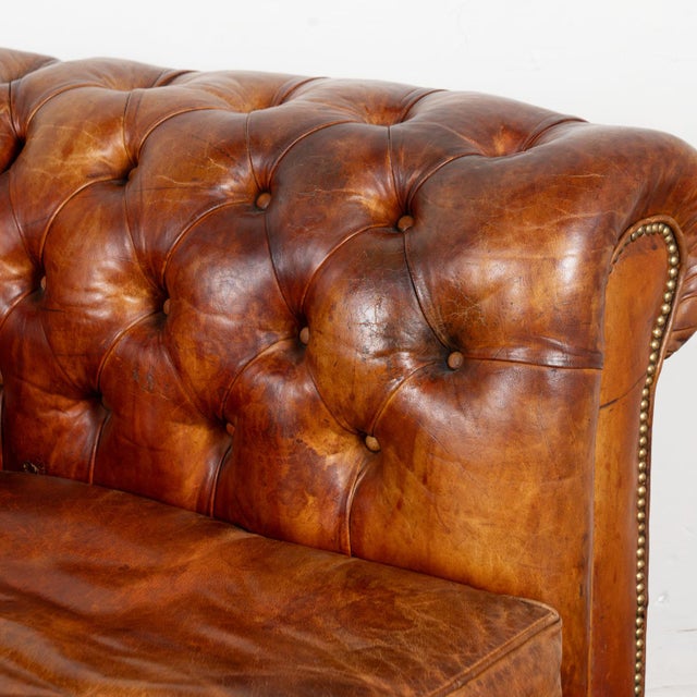 Pair of French Brown Leather Chesterfield Two Seat Loveseat Sofas For Sale - Image 10 of 16