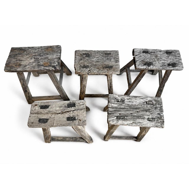 Gray Vintage Rustic Elm Wood Work Stool For Sale - Image 8 of 8