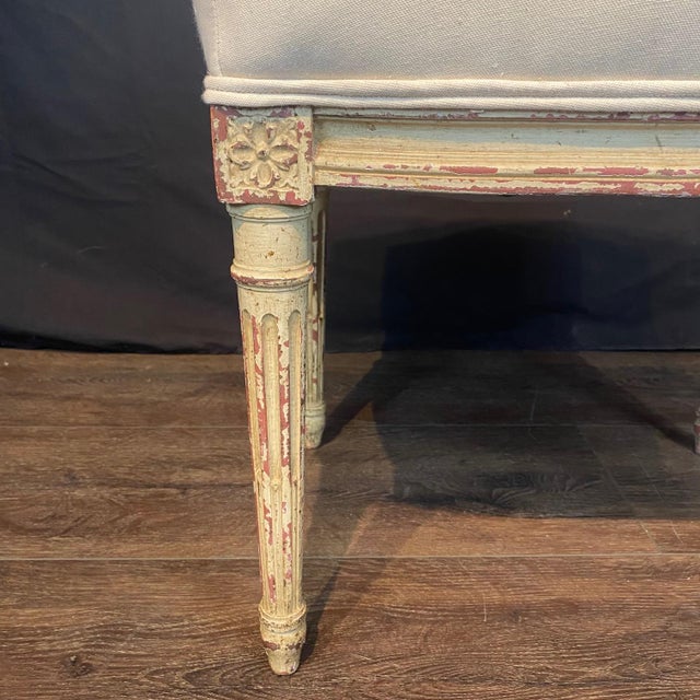 French Louis XV Painted Wood Ottomans With New Upholstery -a Pair For Sale - Image 9 of 11