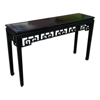 1970s Rosewood Asian Ming Greek Key Chinoiserie Chic Greek Key Front Back Side Console Table For Sale