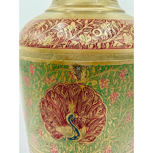 Vintage Indian Brass Peacock Vase, Etched Enamel Pedestal Vase, Made in India For Sale In Philadelphia - Image 6 of 6