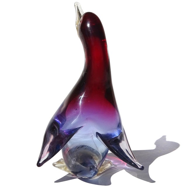 Mid 20th Century Vintage Murano Sommerso Red Purple Blue Gold Flecks Italian Art Glass Bird Figurine With Original Label For Sale - Image 5 of 10