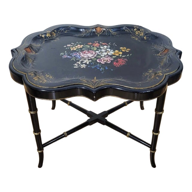 Antique Regency Style Bamboo Carved & Painted Paper Mache Tray Coffee Table For Sale